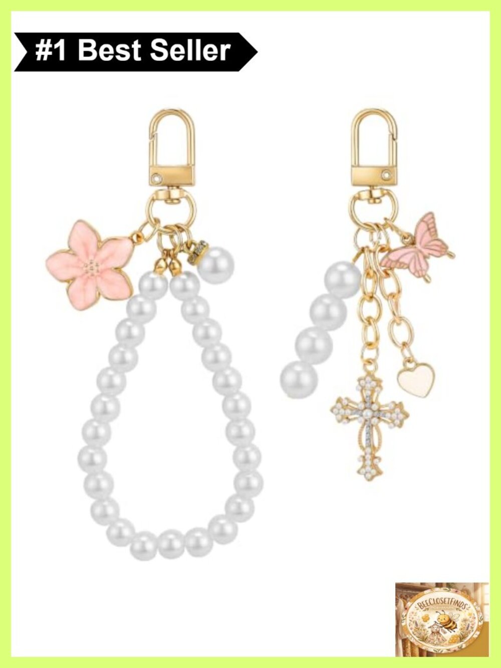 2 Pc Pearl Metal Keychain Bag Charm Set Butterfly Floral Lobster Clasp Purse